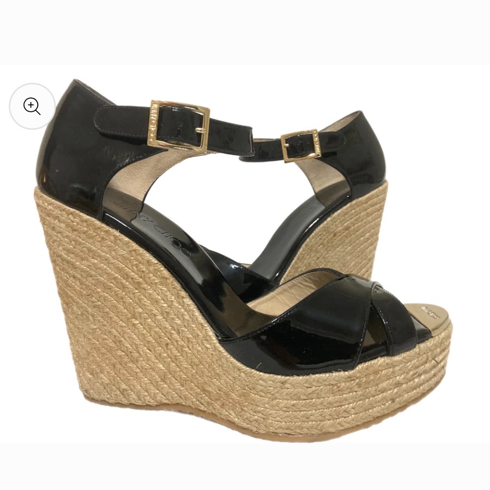 Jimmy Choo Black Patent Wedge Sandals. 5.25”